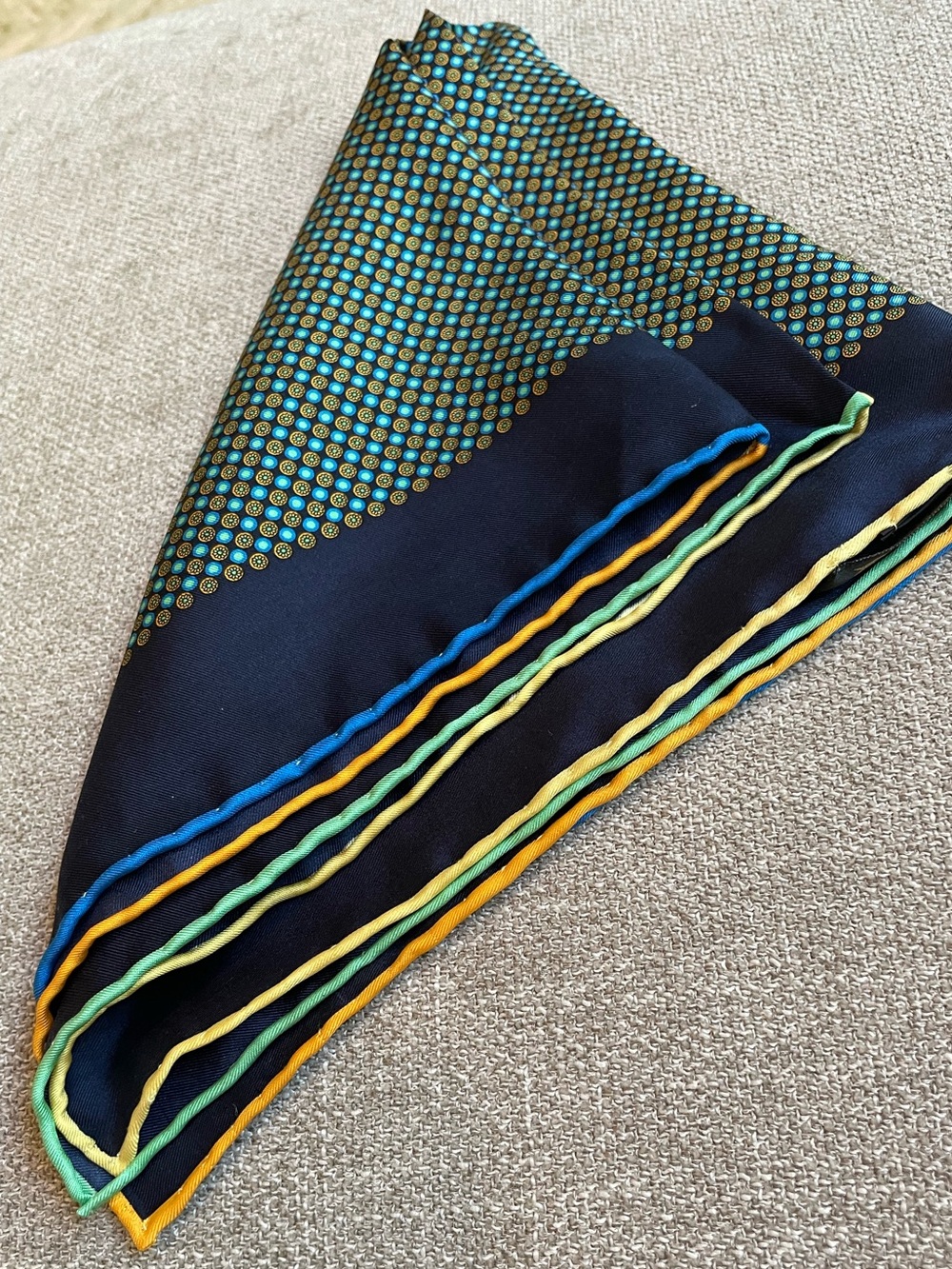 Dion Silk Men’s Blue Orange Yellow Green Circles Pocket Square Menswear Office